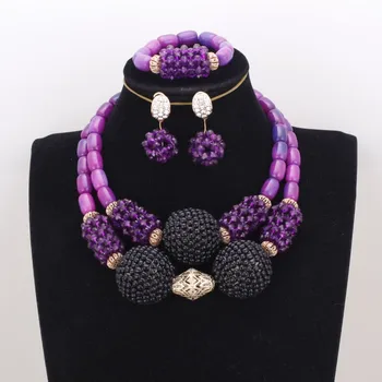 Fine Jewelry Set For Women Purple and Black Wedding Jewelry Set Svadbeni Nakit African Beaded Lopte Ogrlica i Naušnica i Narukvica