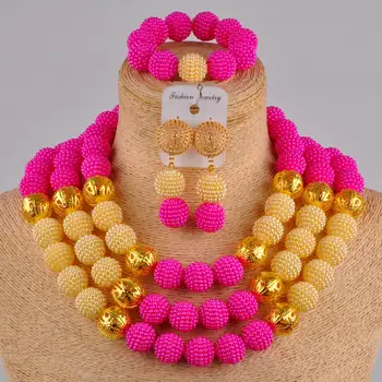 Moderan fuksija roza i zlatna 3 sloja veliki imitacija bisera, perli odijelo afrička ogrlica set nigerijski vjenčanje nakit setovi
