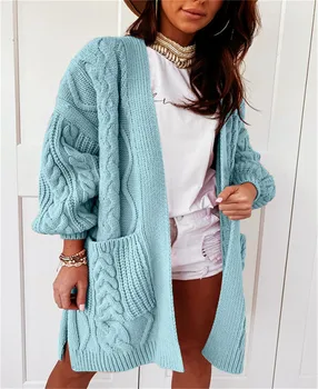 Jesen zima twist dugi kardigan Ženski dvostruki džep dugi rukav vanjski šav slobodan pletene džemper 2021 topli džemper jakne