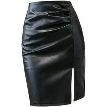 Moda visoke kvalitete s visokim strukom tanak split crna umjetna ženska suknja plus veličina srednje dužine kožne suknje ženska ured za odijevanje