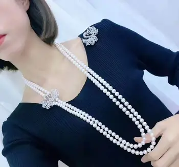 Ženski moda i nakit mikro umetnut cirkon pribor 75-80 cm 7-8 mm, bijela slatkovodni biseri ogrlica džemper krug